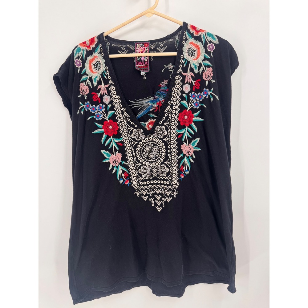Johnny Was JWLA Embroidered Top Women XL Black Floral Bird V-Neck Cap Sleeve